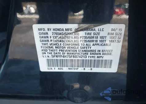 2015 Honda Pilot Ex-L from USA, damaged, VIN 5FNYF4H75FB074213